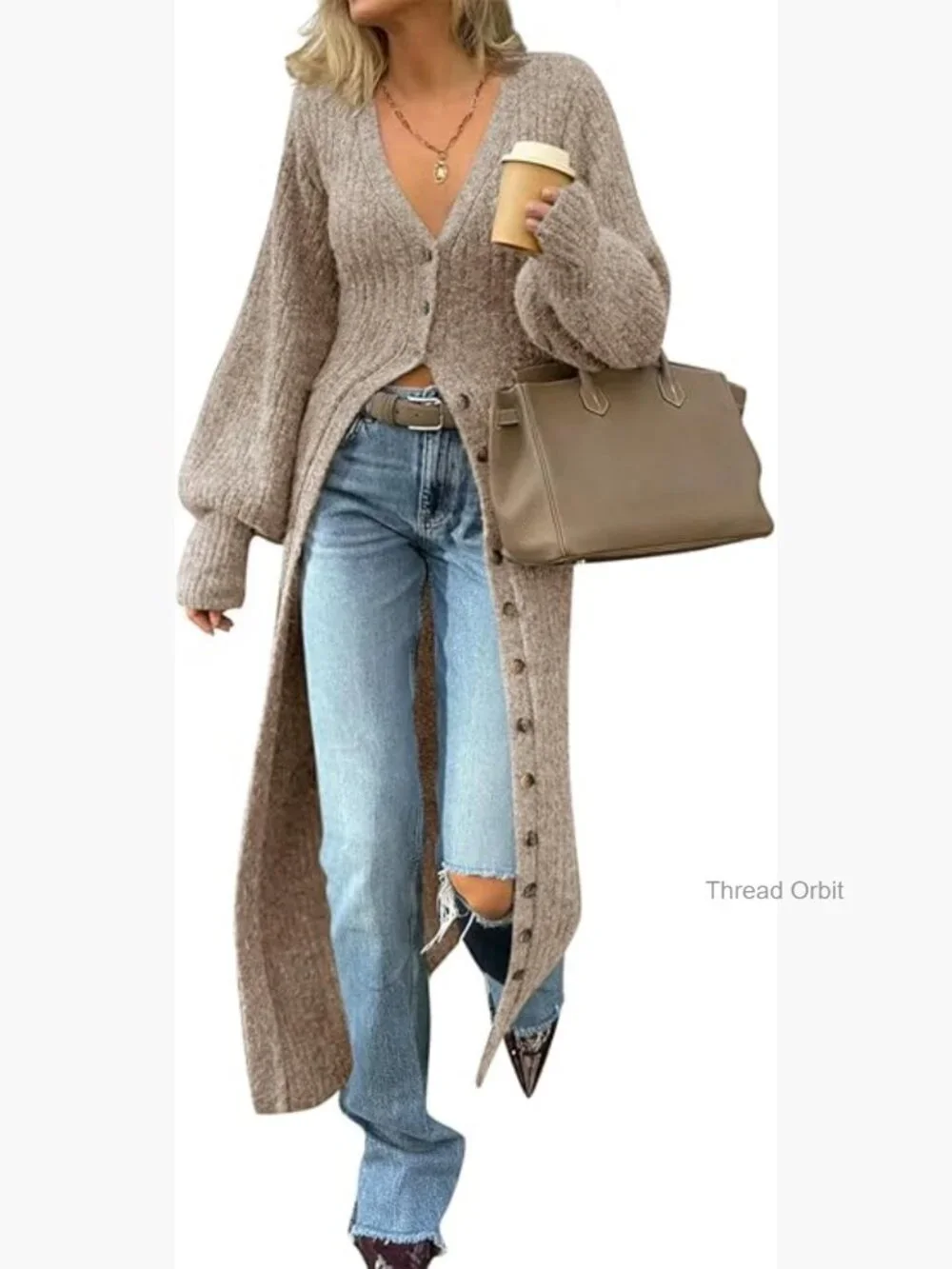 V Neck Button Down Chunky Knit Duster Sweater Coat Maxi Cardigan - Picture 1 of 7